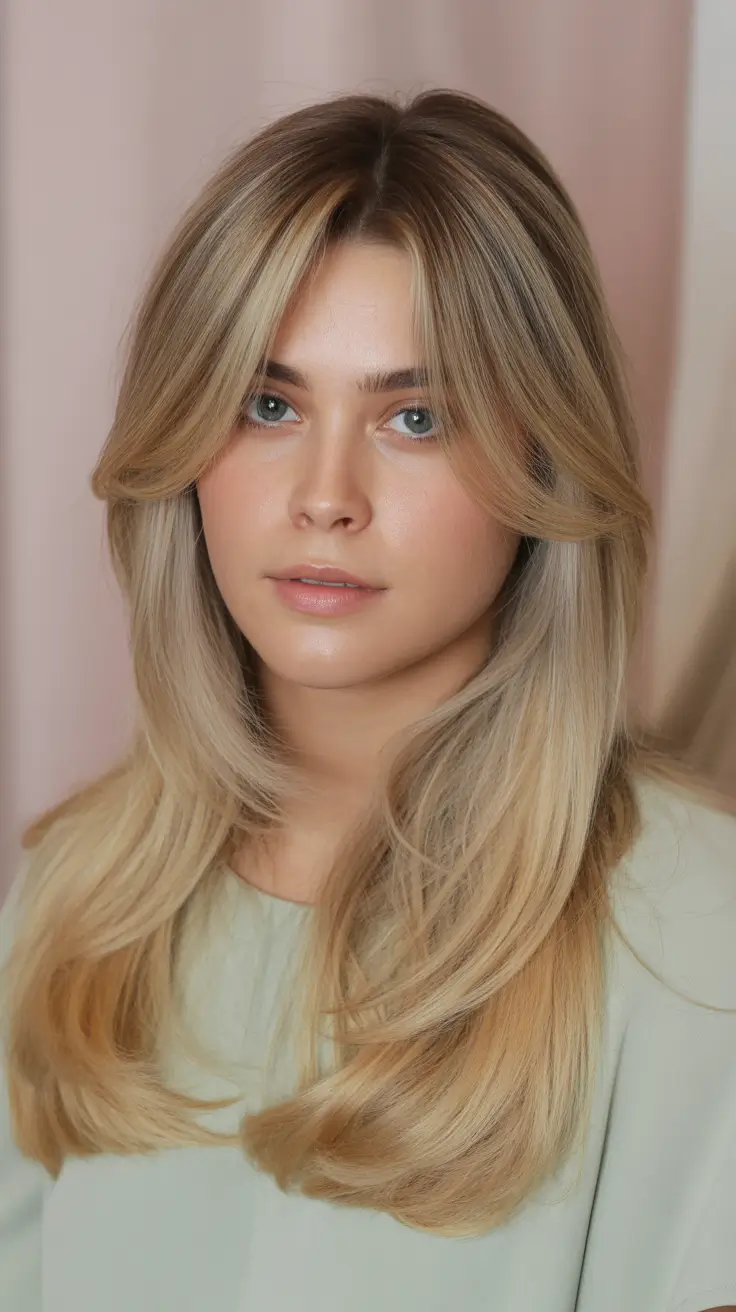 spring long haircut Soft Blonde Layers With Long Curtain Bangs