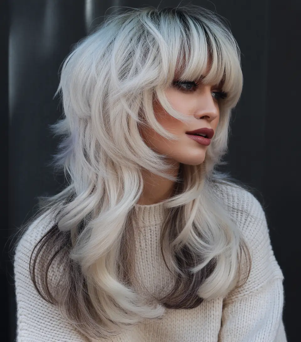 spring long haircut Platinum Shag With Full Fringe and Wolf Energy