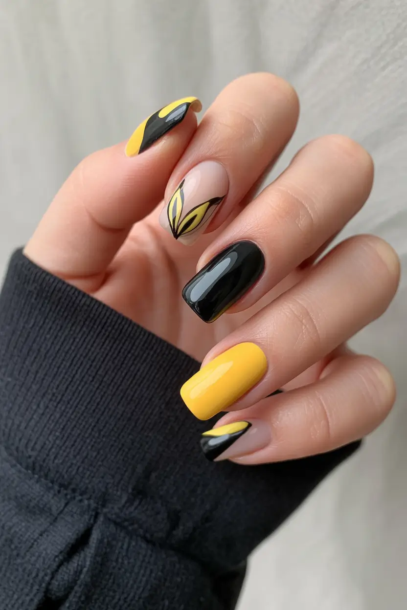 spring nails for pale skin Graphic Yellow And Black Modern Art Nails