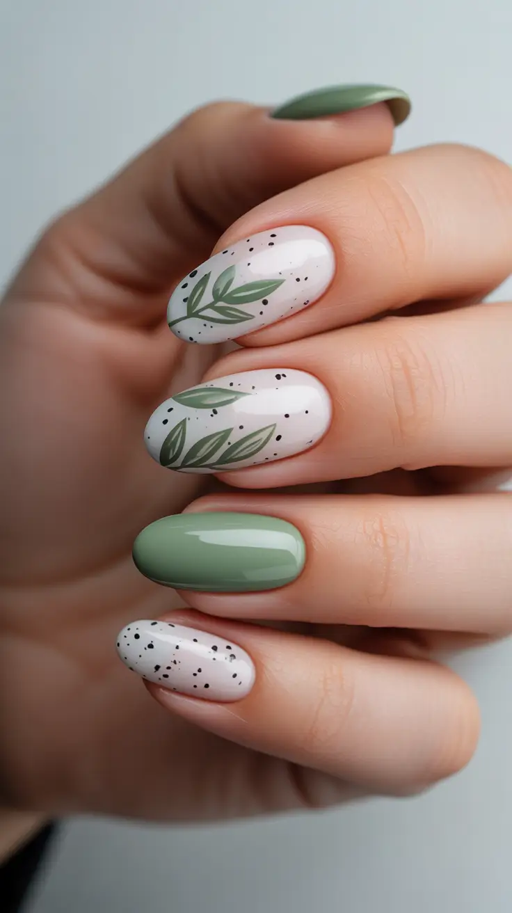 spring nails for pale skin Botanical Sage Nails With Speckled Leaf Art