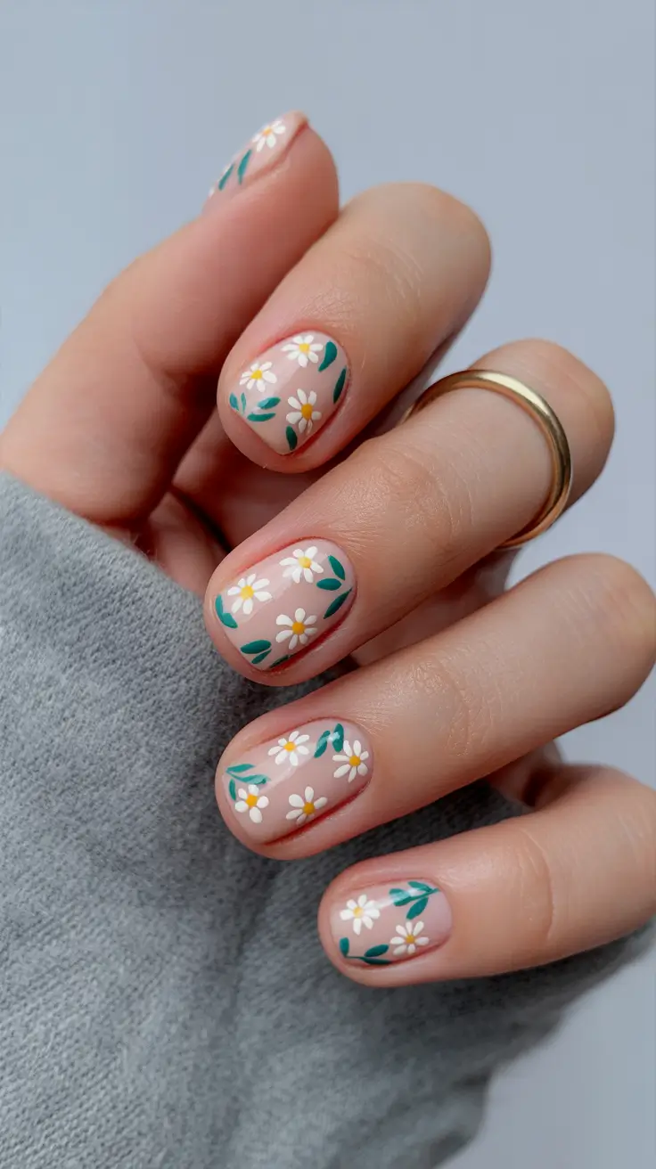 spring nails for pale skin Mini Daisy Garden Nails With Soft Nude Base