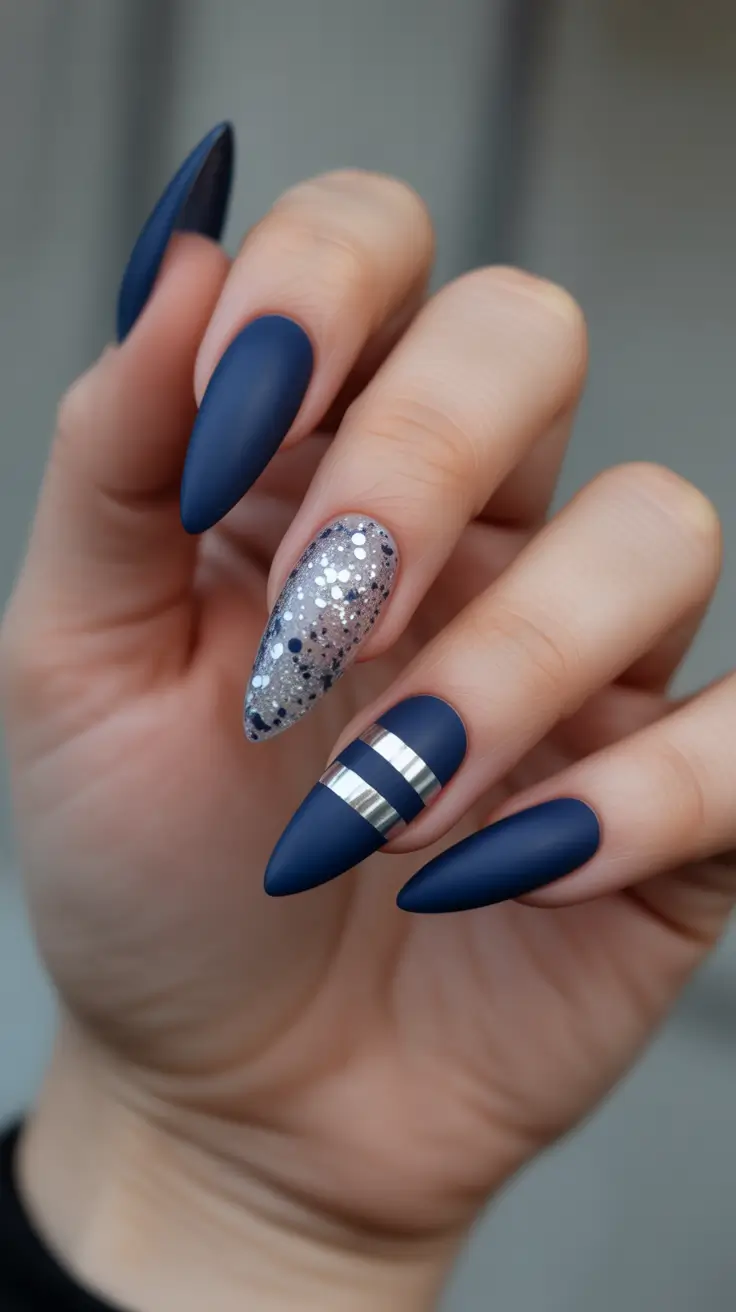 spring nails for pale skin Midnight Blue Matte Nails With Metallic Accent