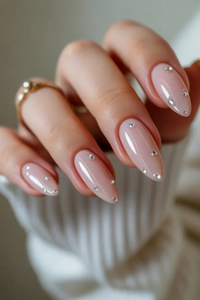 spring nails for pale skin Delicate Blush Almond Nails With Crystal Accents