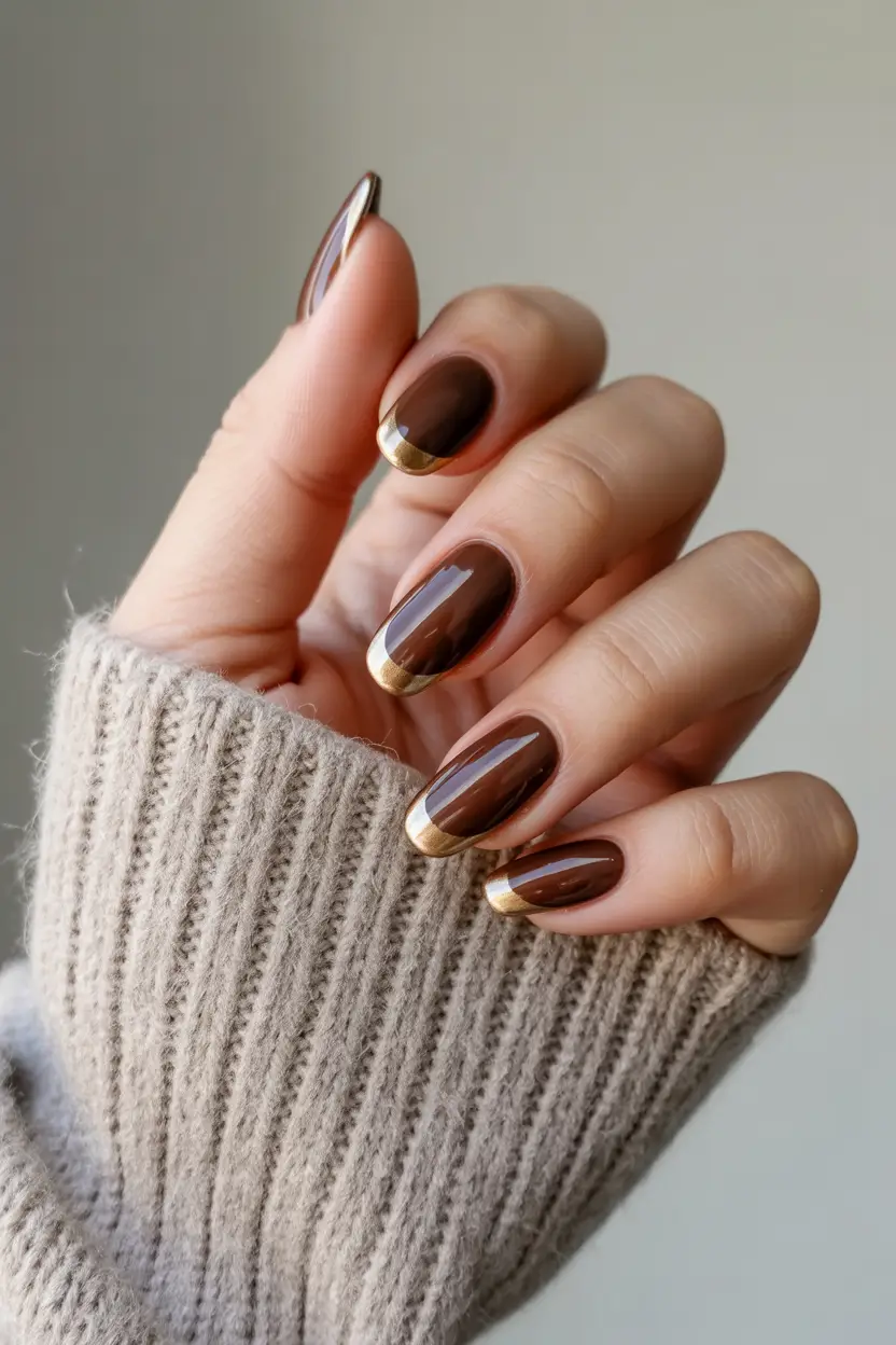 spring nails for pale skin Chocolate Brown French With Gold Edge