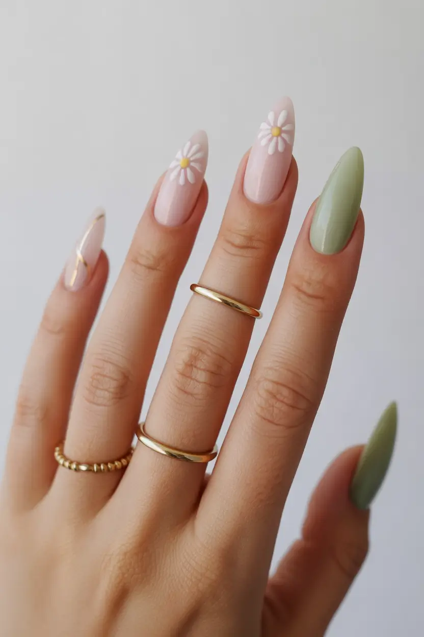spring nails for pale skin Daisy Garden Pastel Nails With Soft Sage Accent
