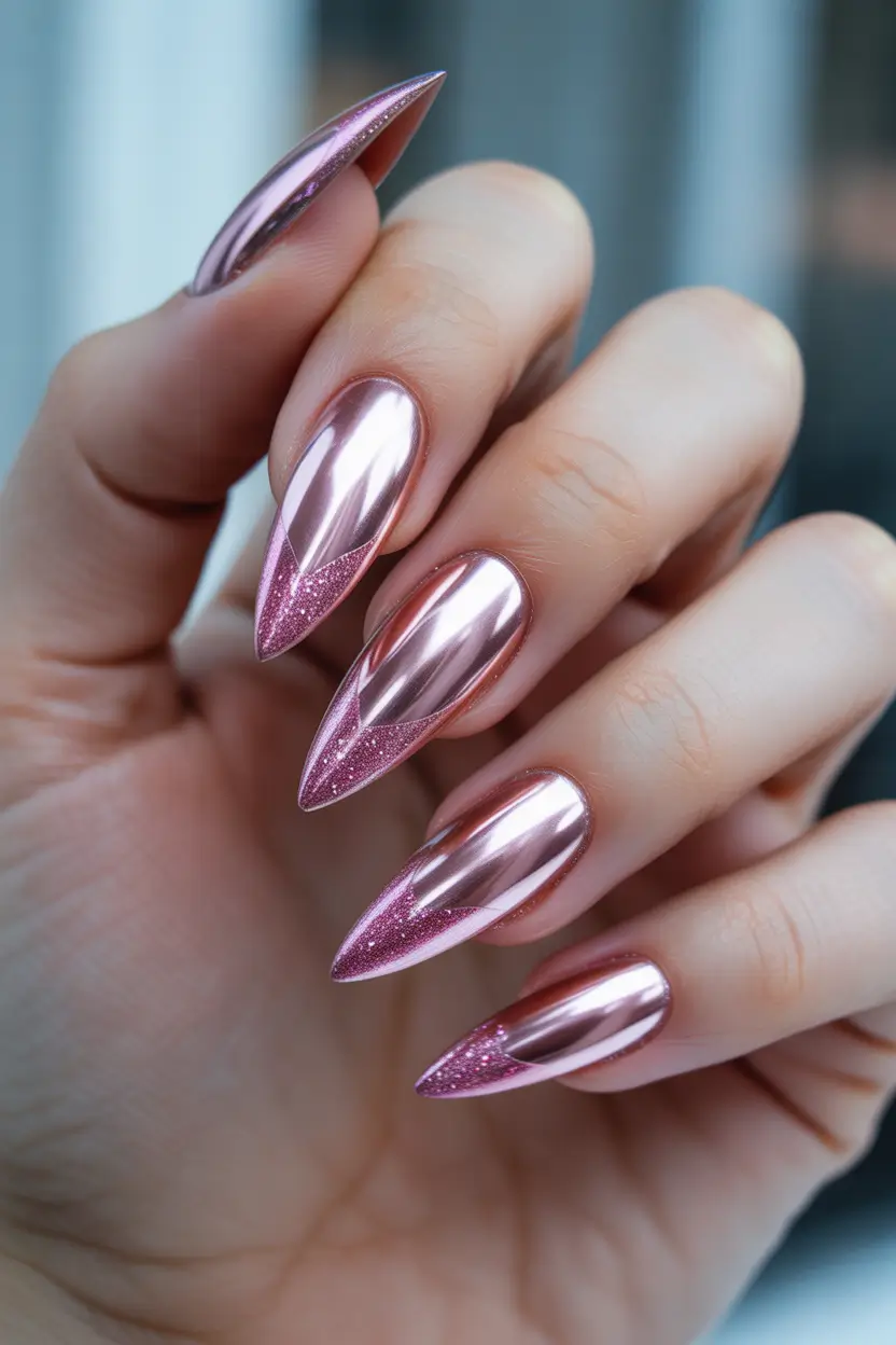 spring nails for pale skin Rose Chrome Stiletto Nails With Glitter Tips
