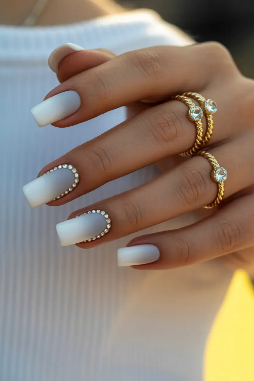 spring nails for tan skin Milky White Elegant Nails with Crystal Frames