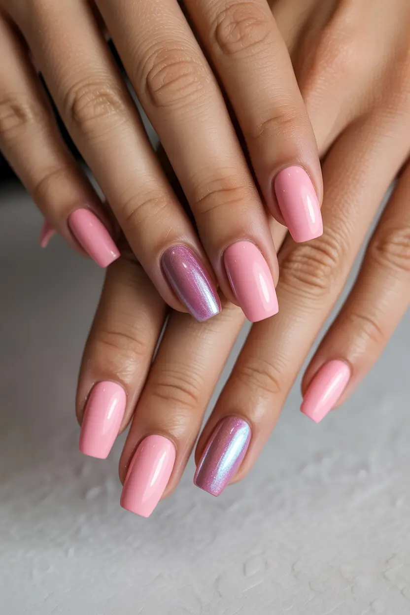 spring nails for tan skin Soft Pink Gloss Nails with Subtle Chrome Accent
