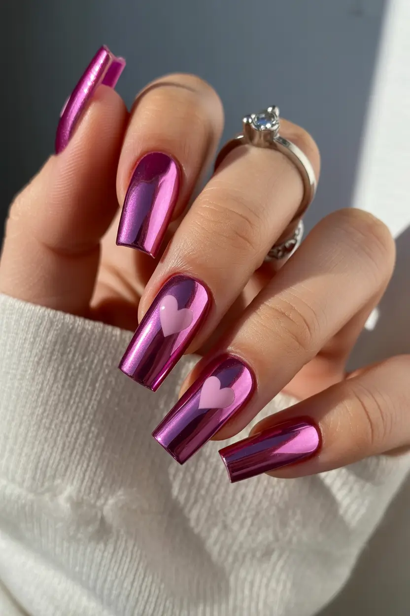 spring nails for tan skin Magenta Chrome Nails with Playful Heart Details