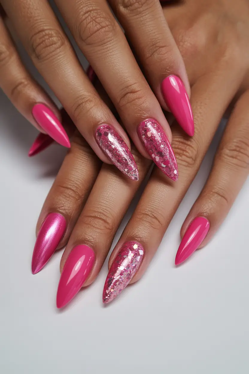 spring nails for tan skin Bright Pink Stiletto Nails with Glitter Accent