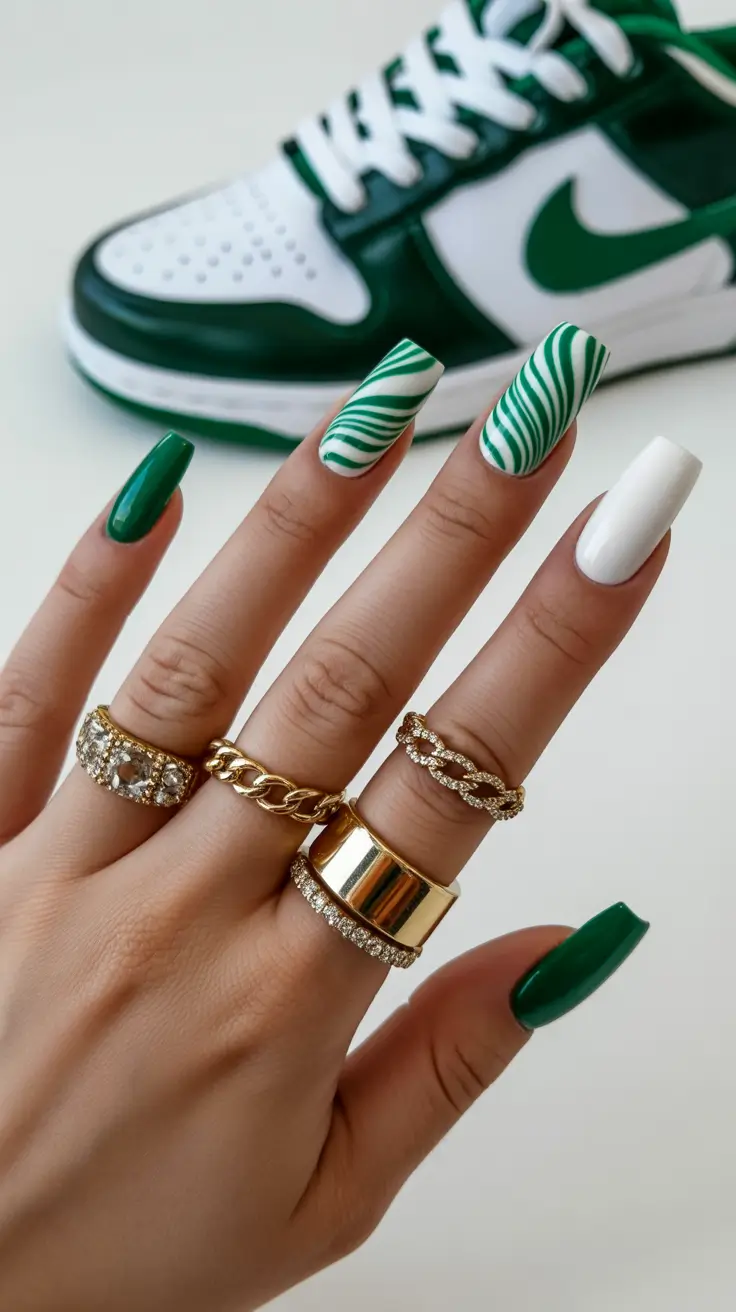 spring nails for tan skin Graphic Green and White Swirl Nails