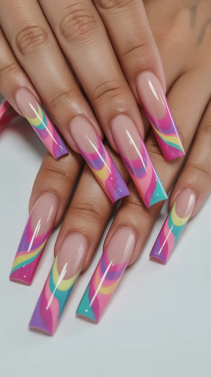 spring nails for tan skin Rainbow Wave French Tips on Nude Base