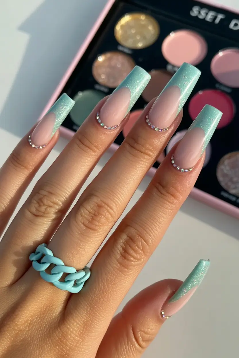 spring nails for tan skin Mint Sparkle French Tips with Crystal Cuticle Detail