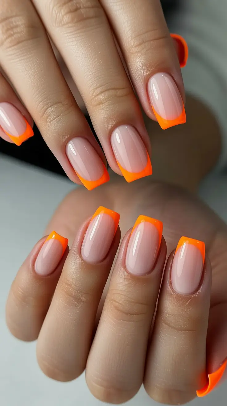 spring nails for tan skin Neon Orange Micro French on Sheer Pink Base