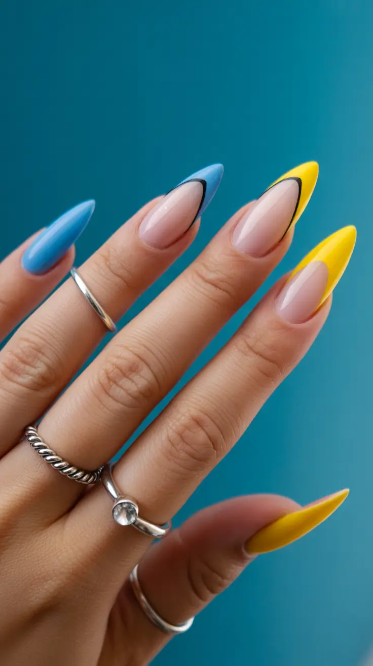 spring nails for tan skin Graphic Almond Nails with Blue and Yellow Contrast Tips