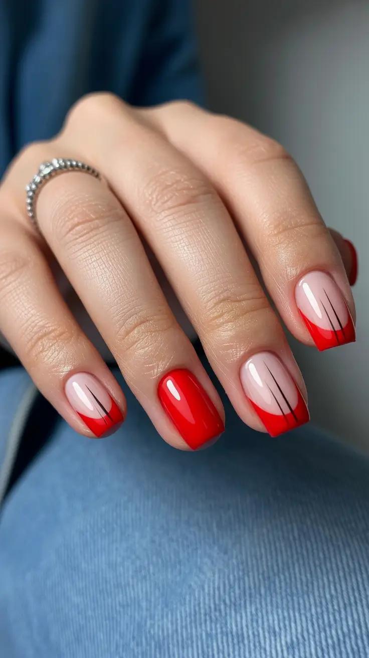 spring nails for tan skin Minimal Red French with Fine Graphic Lines