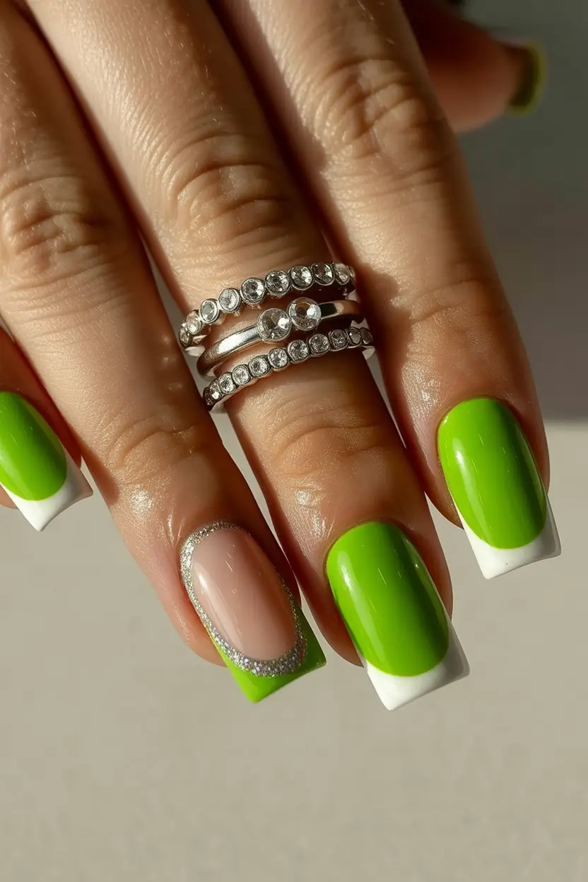 spring nails for tan skin Lime Green French Accents with Crystal Detail