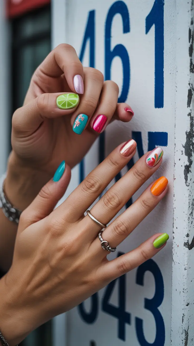 spring nails for tan skin Playful Mixed Spring Nail Art with Colorful Accents