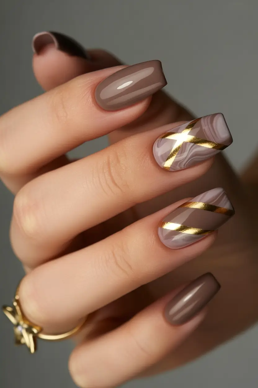 spring nails for tan skin Mocha Marble Nails with Gold Ribbon Accents