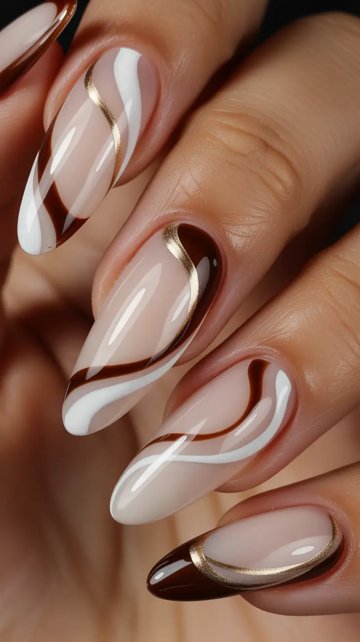 spring nails for tan skin Elegant Caramel Swirl Nails with Gold Detailing
