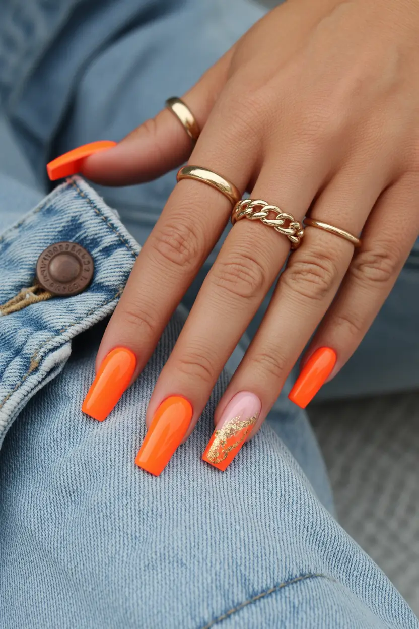 spring nails for tan skin Neon Coral Statement Nails with Gold Accent