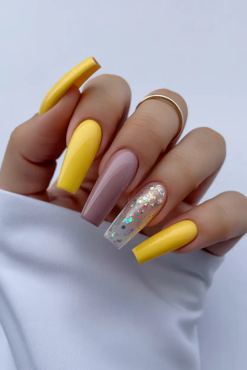 spring nails for tan skin Sunny Yellow and Glitter Almond Nails