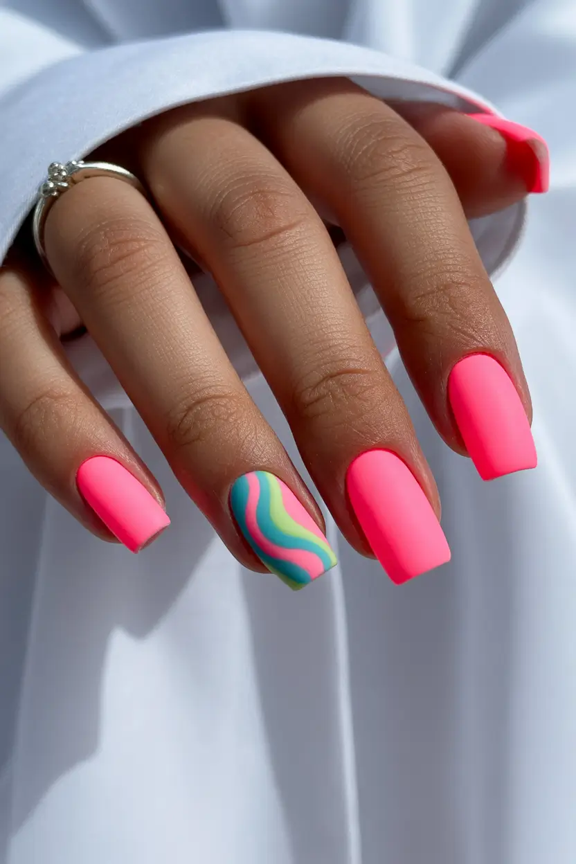 spring nails for tan skin Hot Pink Waves with Retro Accent Art
