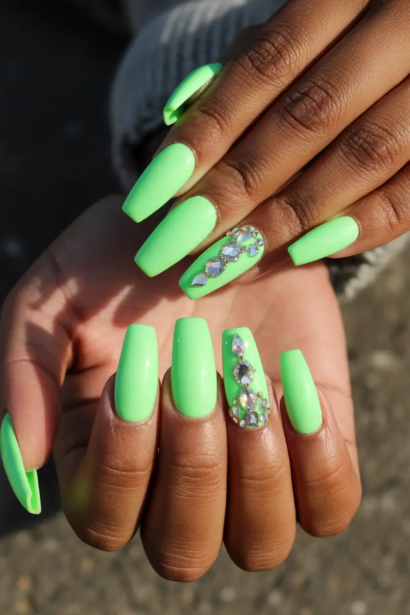 spring nails for tan skin Fresh Mint Green Statement Nails with Crystal Accent