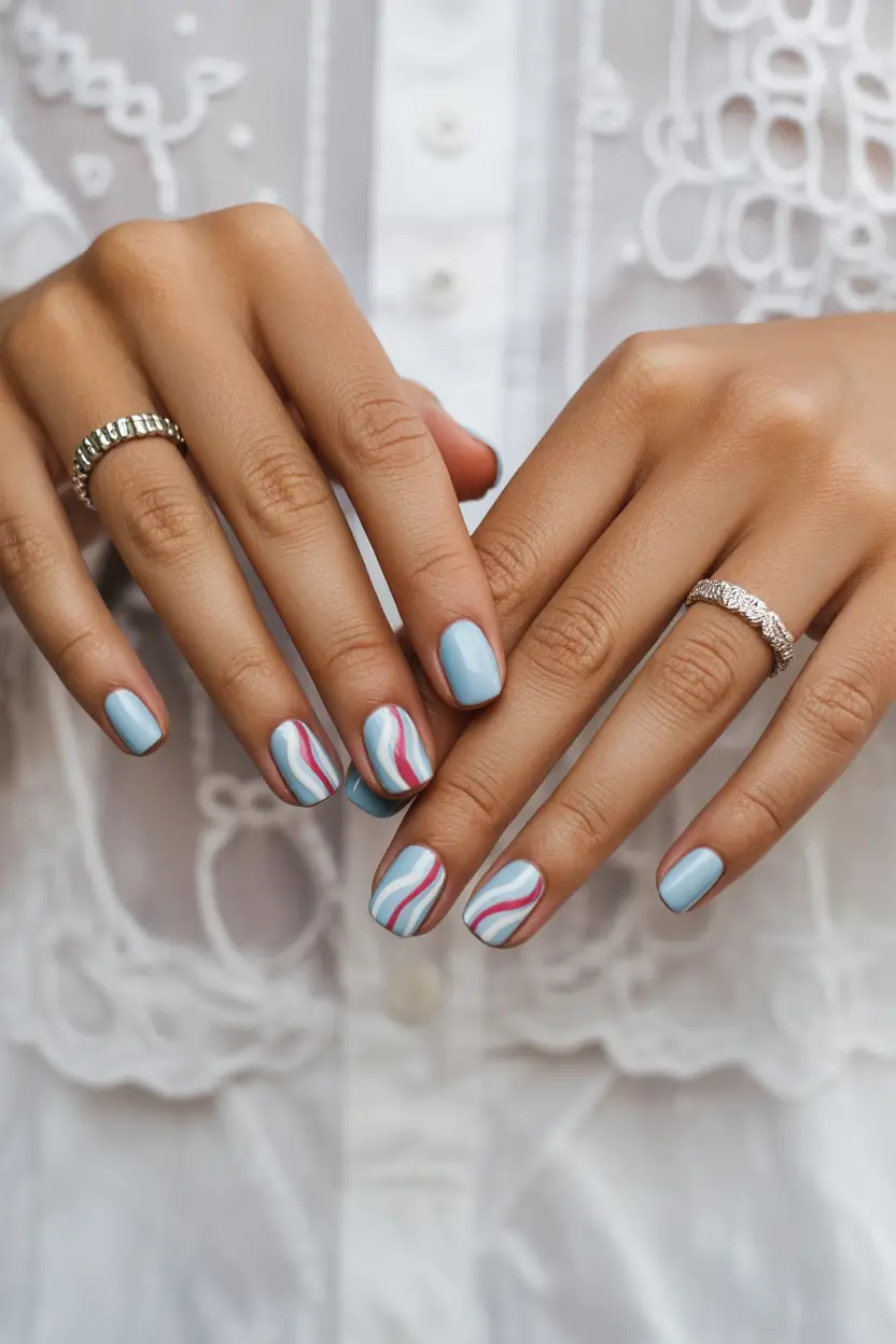 spring nails for tan skin Soft Blue Short Nails with Minimalist Spring Waves