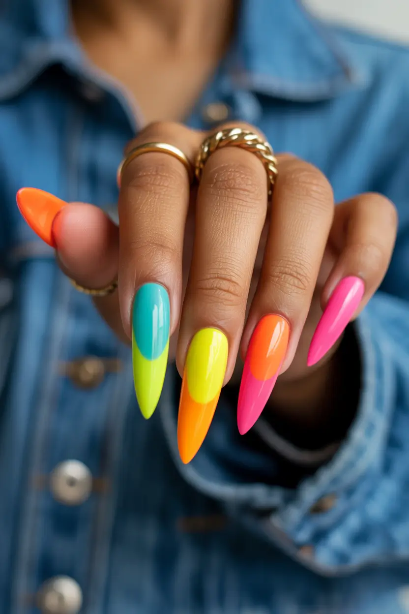 spring nails for tan skin Bright Neon Multicolor Stiletto Nails