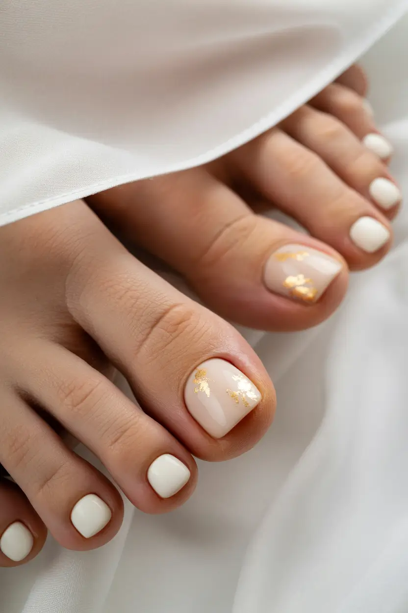 spring toe nails Milky White Pedicure with Delicate Gold Accents