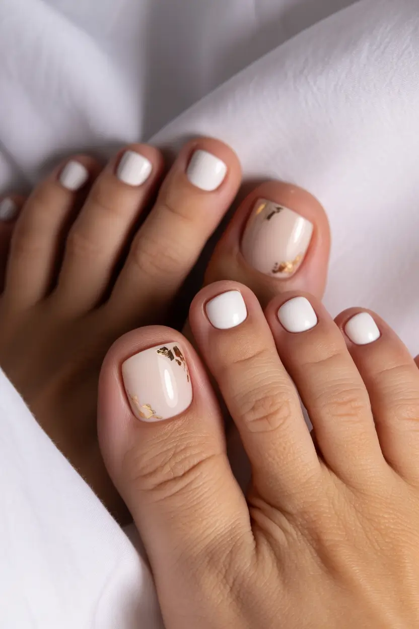 spring toe nails Soft Nude Pedicure with Delicate Gold Accents