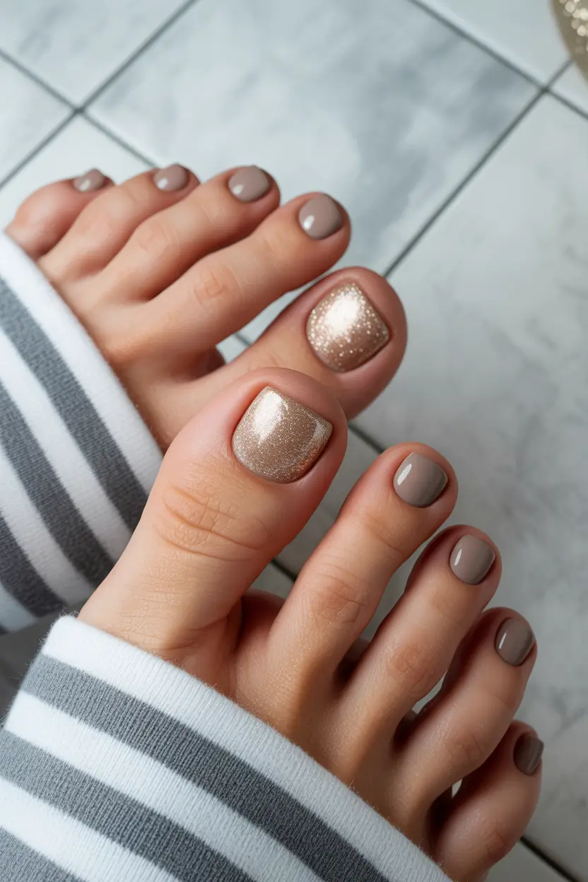 spring toe nails Neutral Taupe Pedicure with Champagne Glitter Accent