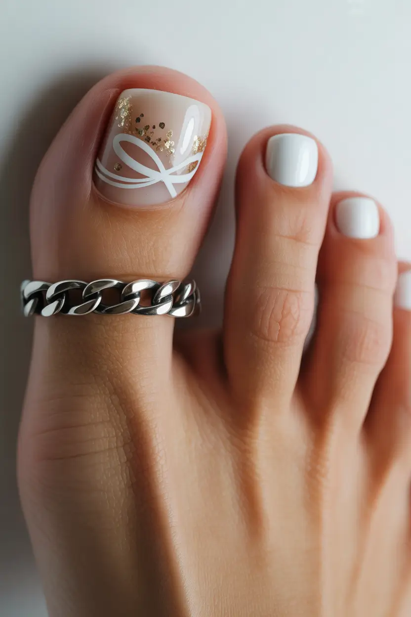 spring toe nails Elegant White Pedicure with Minimalist Gold Ribbon Art