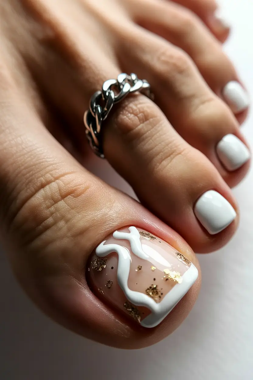 spring toe nails Elegant Milky White Pedicure with Sculpted Bow Detail