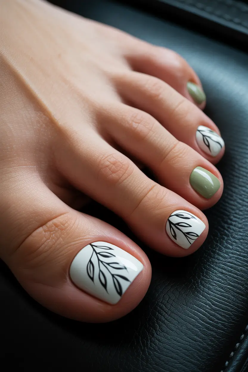 spring toe nails Minimal Botanical Leaf Pedicure in Soft Green