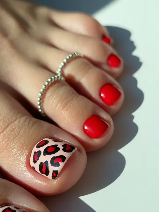 spring toe nails Bold Red Pedicure with Leopard Accent