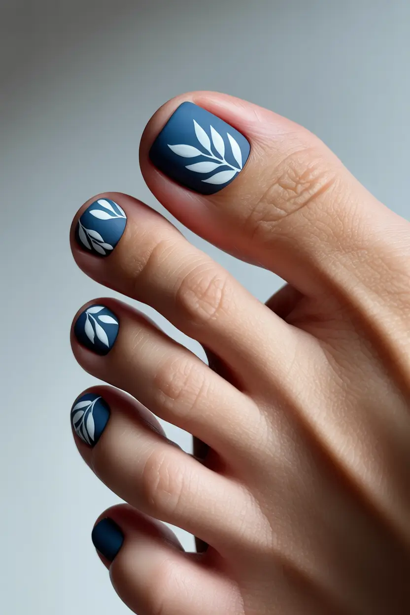 spring toe nails Matte Blue Pedicure with White Leaf Silhouettes