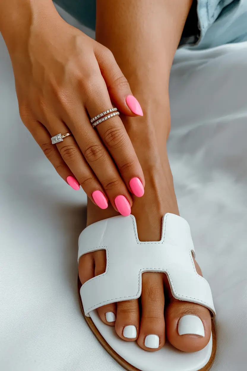 spring toe nails Soft Pink Contrast with Classic White Pedicure