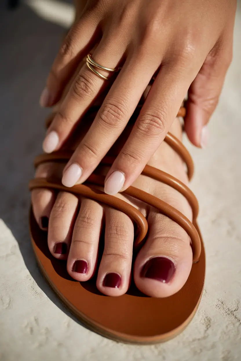 spring toe nails Deep Cherry Pedicure for Effortless Spring Elegance