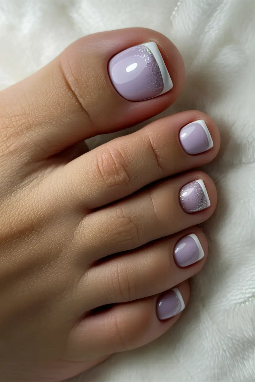 spring toe nails Soft Lavender French Tip with a Whisper of Sparkle