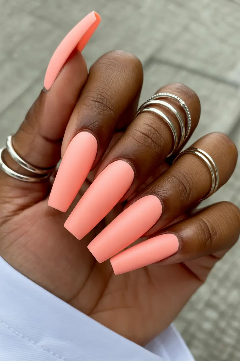 spring nails for dark skin Soft Matte Peach Coffin Nails That Feel Like Early Spring