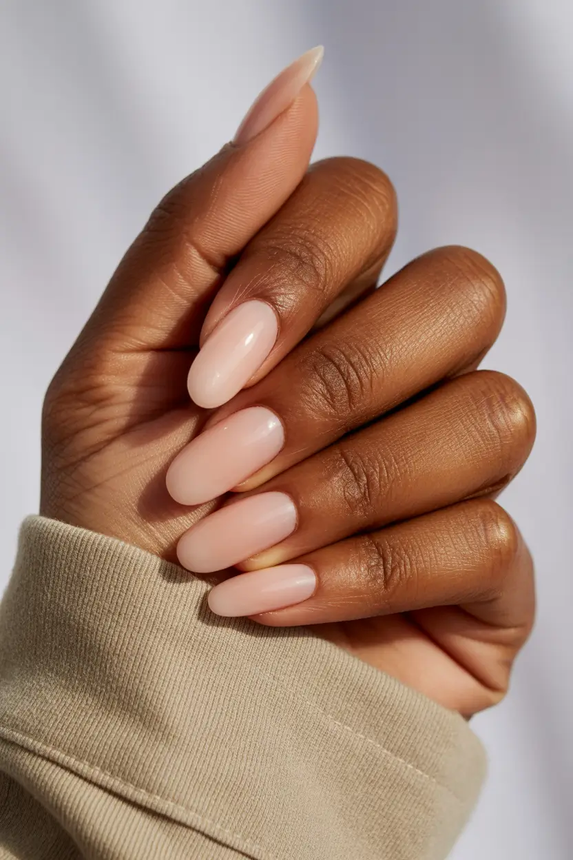 spring nails for dark skin Milky Light Pink Almond Nails With Natural Glow