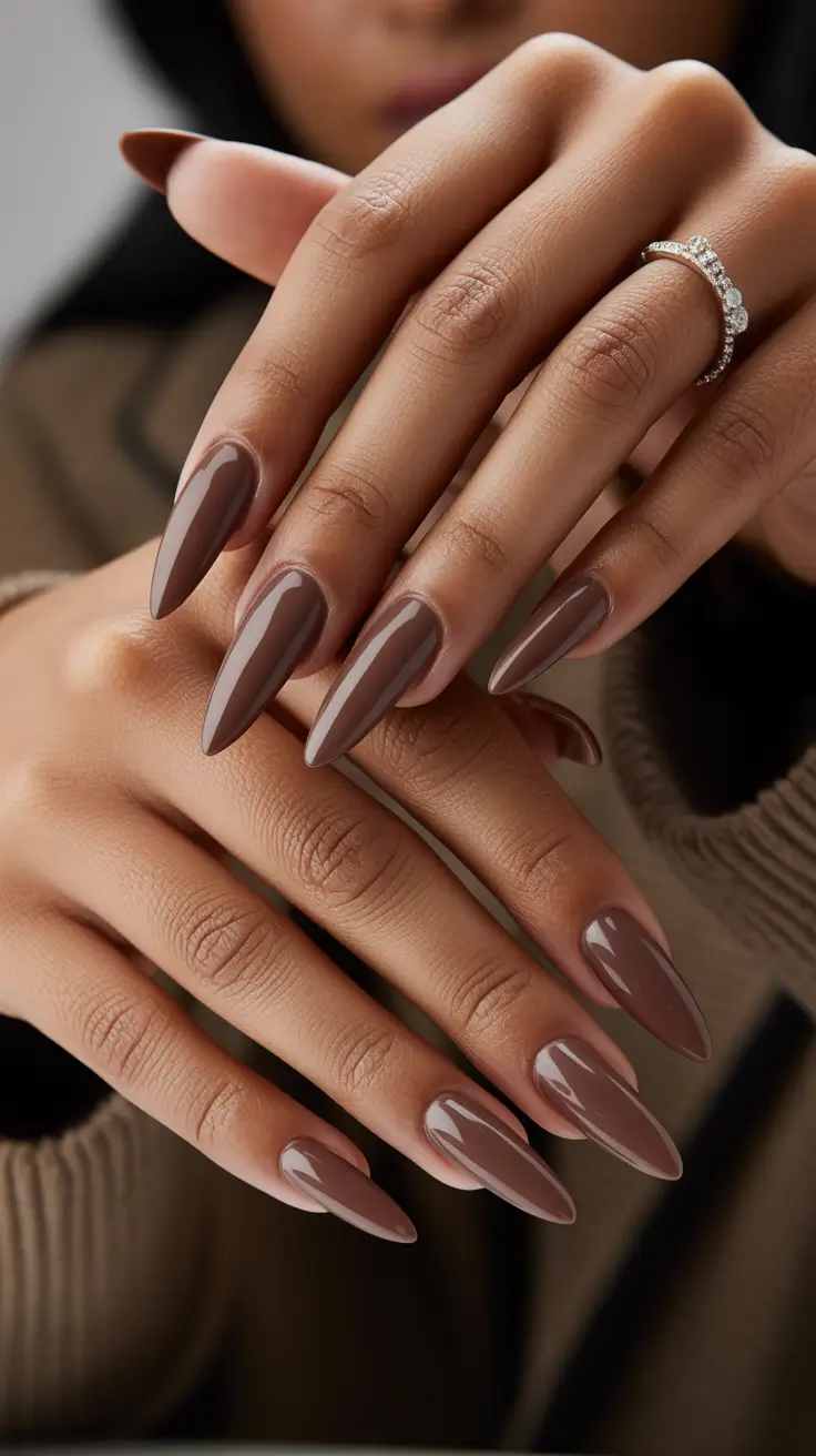 spring nails for dark skin Chocolate Brown Almond Nails For Modern Neutral Style
