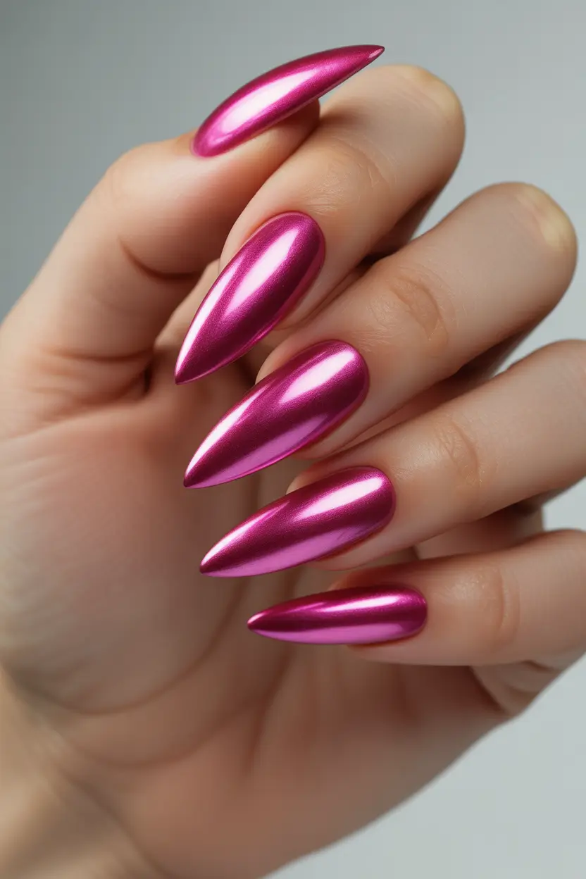 spring nails for dark skin Metallic Pink Chrome Stiletto Nails That Glow Like Spring Sunset