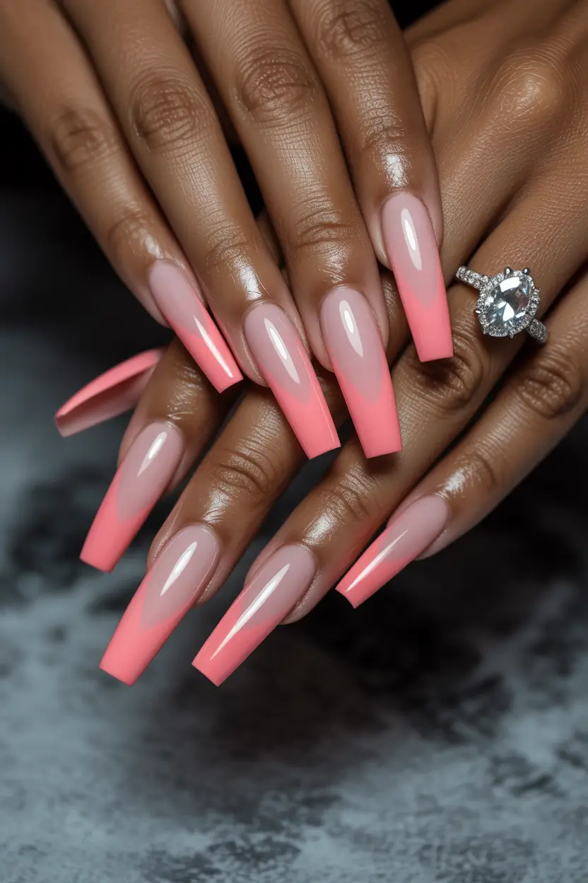 spring nails for dark skin Soft Coral Ombre Coffin Nails With Elegant Gradient