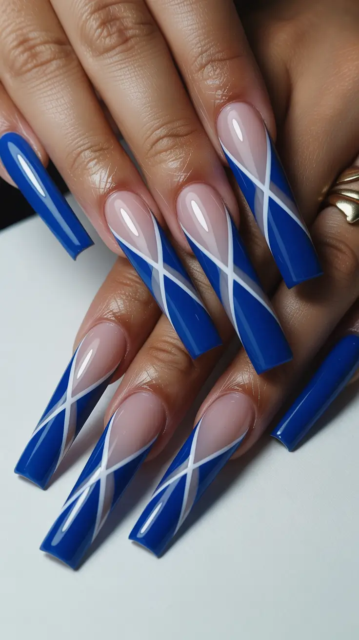 spring nails for dark skin Graphic Blue French Nails With Modern White Lines