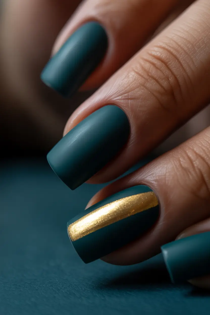 spring nails for dark skin Deep Teal Matte Nails With a Gold Accent Line