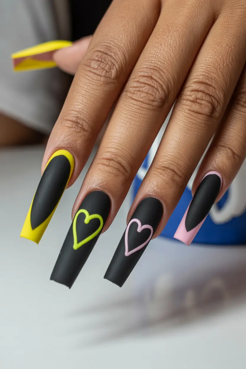 spring nails for dark skin Matte Black Nails With Neon Heart Accents