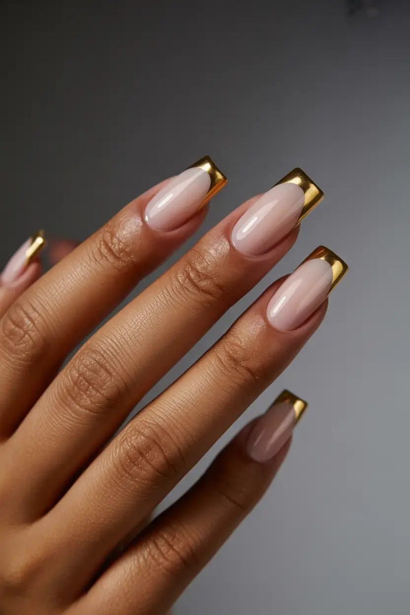 spring nails for dark skin Elegant Nude Nails With Gold French Tip Accent